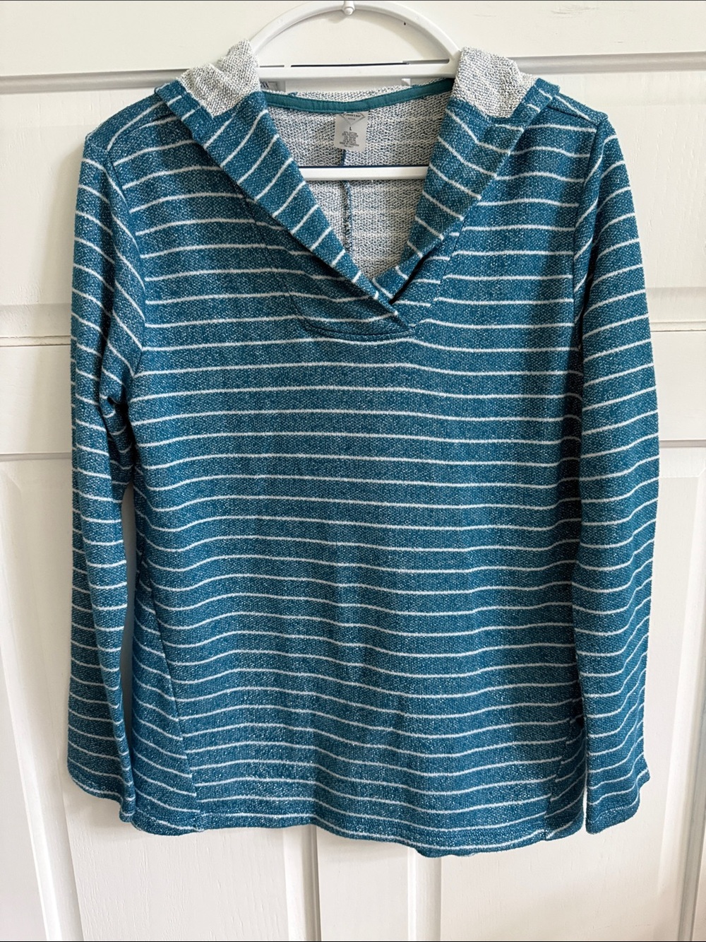 St. John's Bay Size Large Teal and White Striped Hooded Pullover Sweater